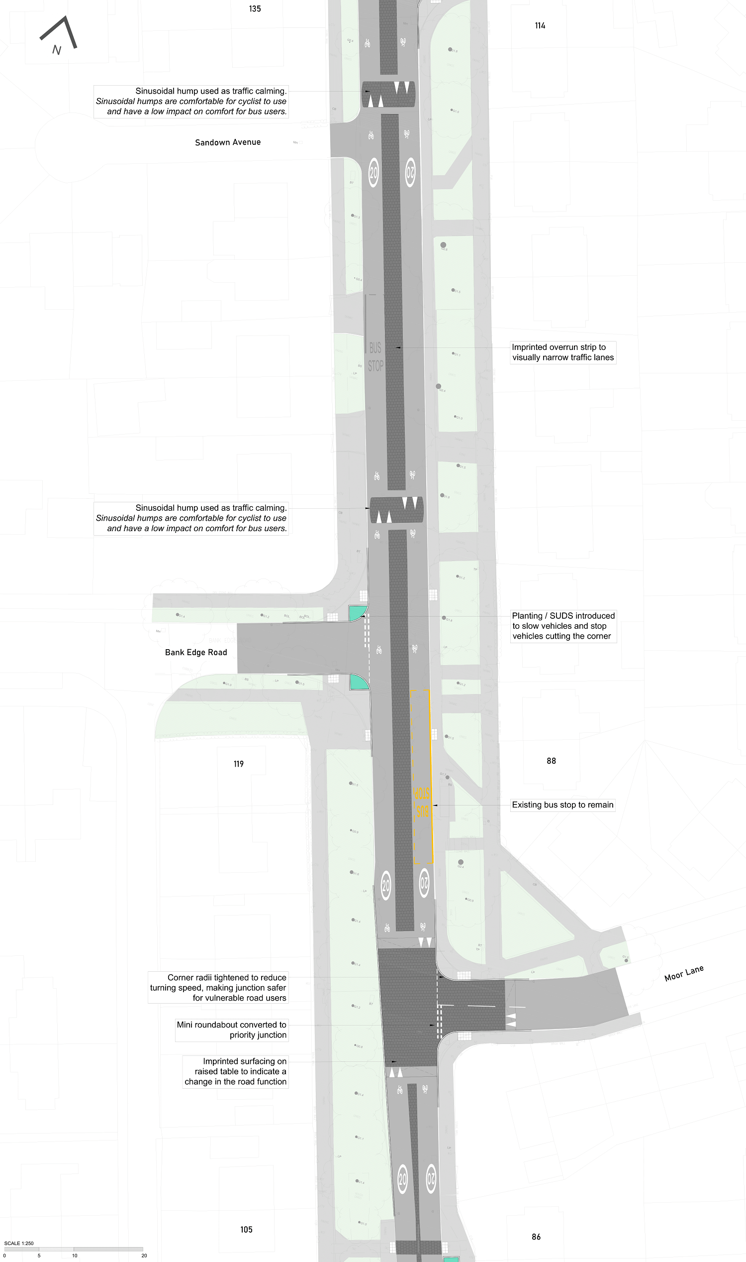 Plan includes junctions with Sandown Avenue, Bank Edge Road, and Moor Lane. The new layout features sinusoidal humps. These are humps that are comfortable for cyclists to use and that have a low impact on confort for people on buses. The junction where Moor Lane joins Cousin Lane will be converted from a roundabout to a T-junction.